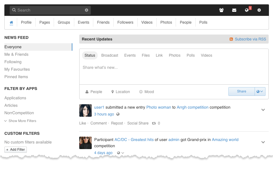 NorrCompetition Application for EasySocial - Contest actions in the timeline