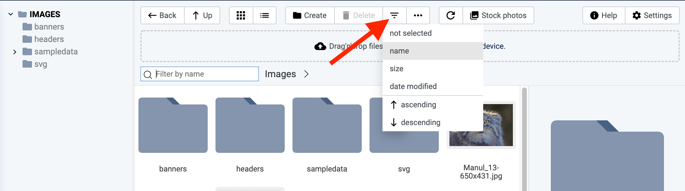 Added sorting files by size, date modified, name