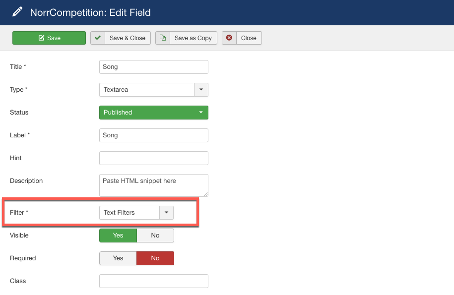 Create a new field with Text Filters option