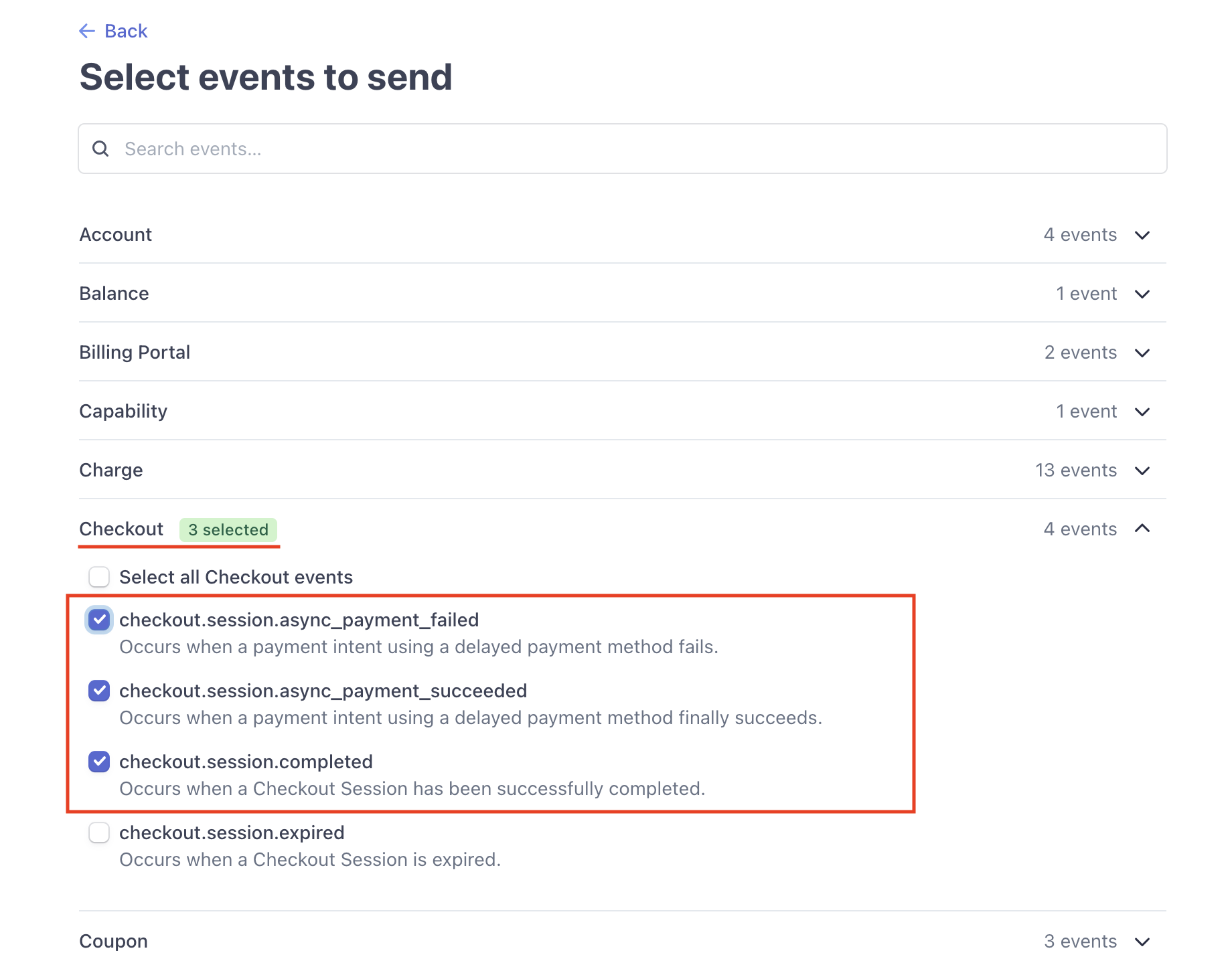 Select events to send